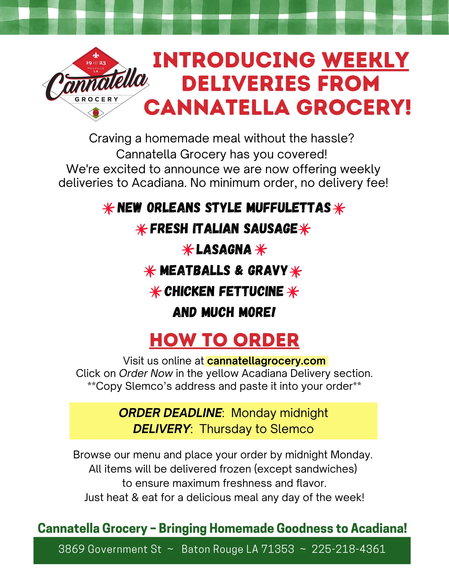 Weekly delivery announcement for homemade Italian meals