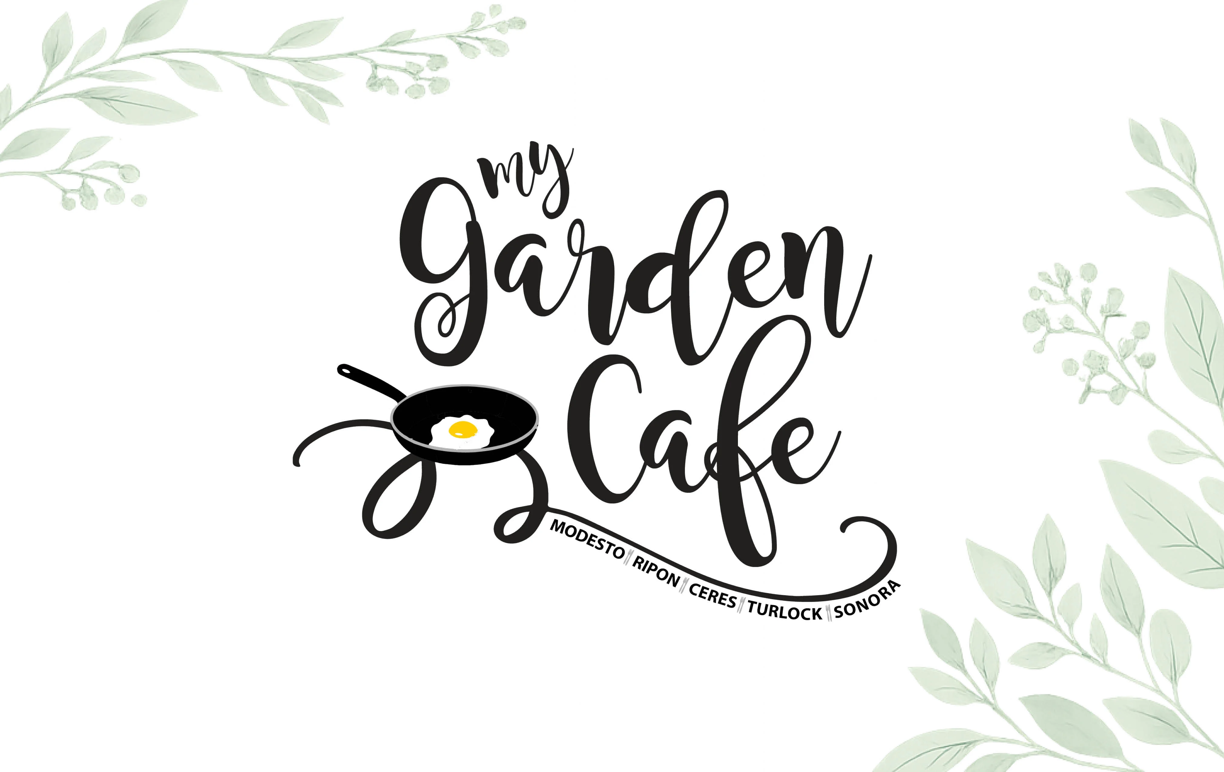 Logo of My Garden Cafe featuring a skillet and egg