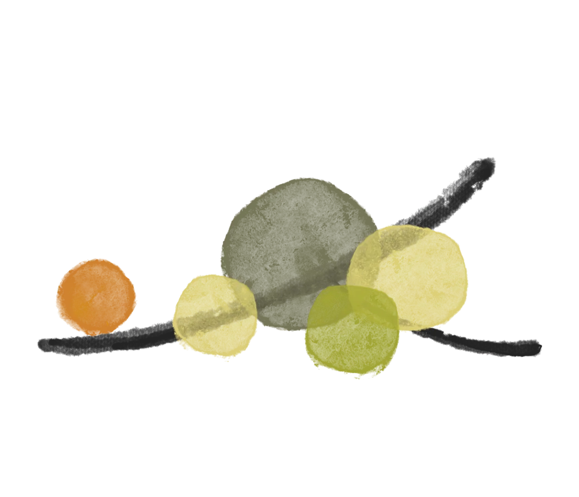 Abstract illustration of colorful stones and branches, evoking a natural aesthetic