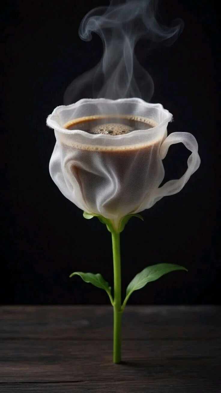 Artistic coffee cup resembling a flower with steam