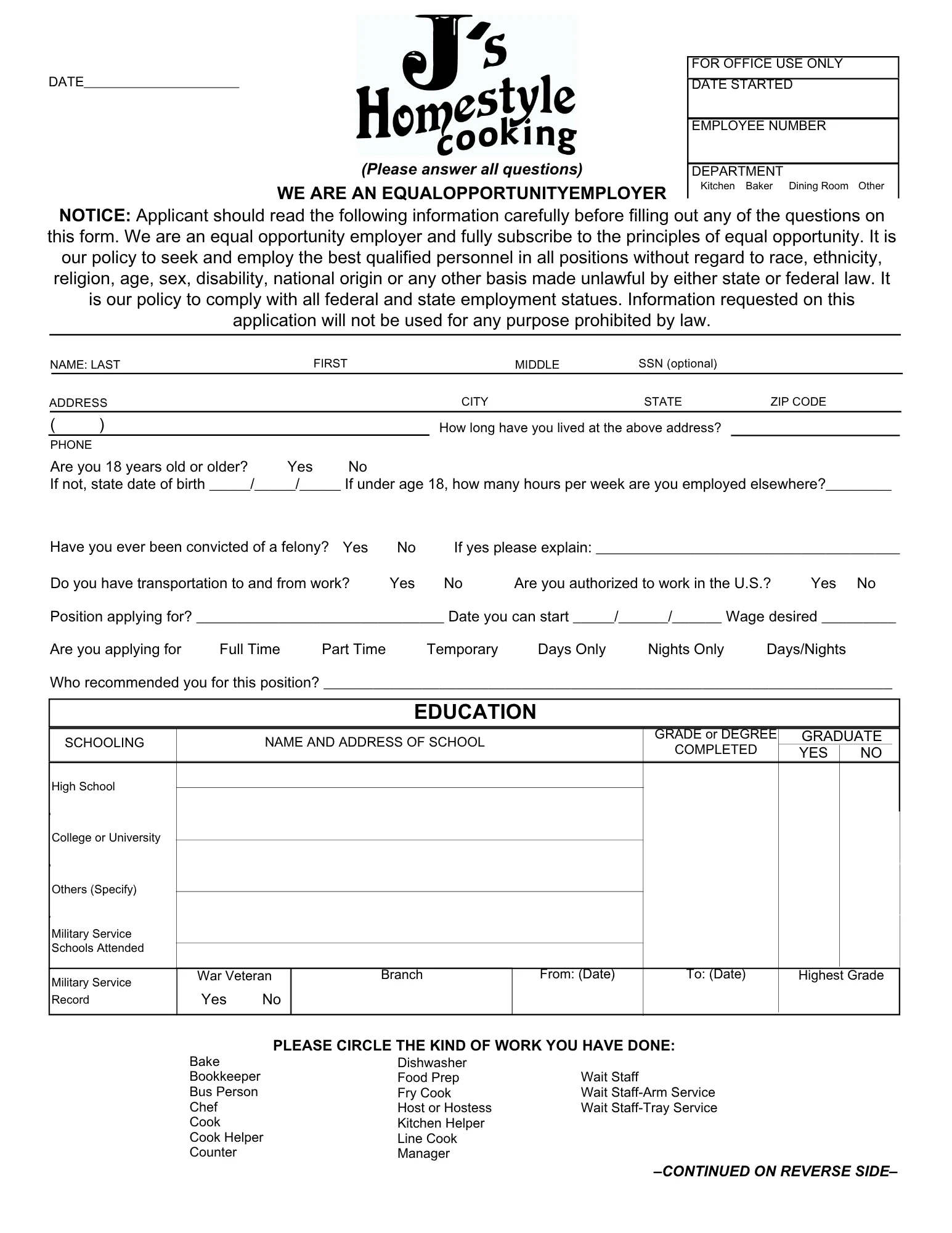 Employment application form for restaurant positions
