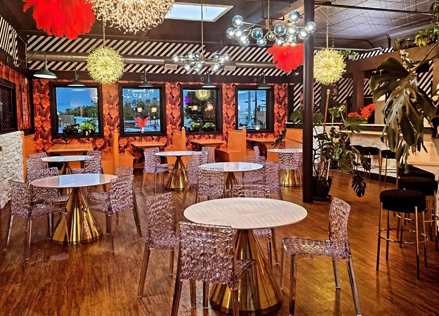 Stylish restaurant interior with modern decor and vibrant lighting